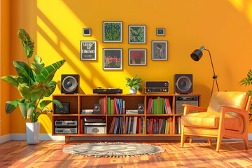 Cozy living room with retro decor, featuring wooden furniture, books, and plants. Concept of interior design inspiration