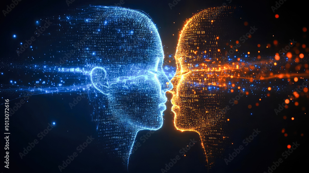 Poster two opposing digital faces composed of binary code face each other, symbolizing the contrast and bal