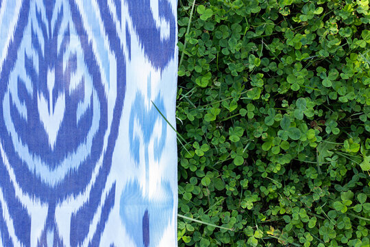 traditional blue and white Ikat adras pattern on green grass, Uzbek textiles, eastern background