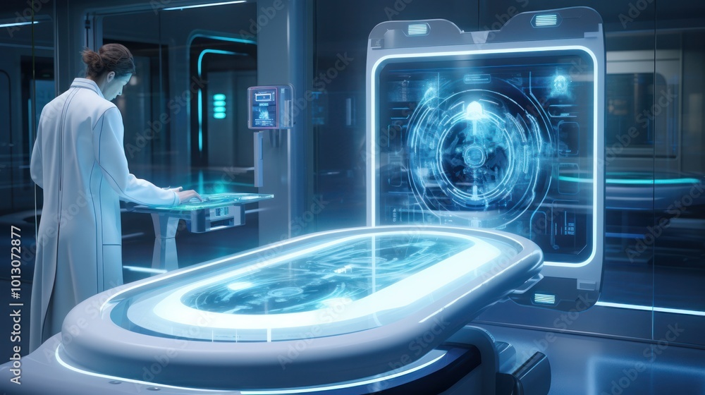 Poster a futuristic medical device displaying a holographic interface showing the delivery and targeting