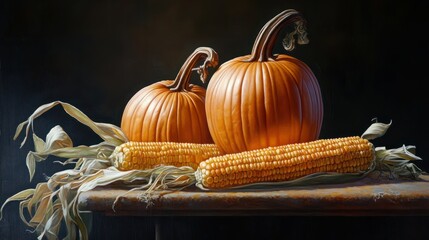 Fall still life with pumpkins and corn