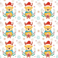 Seamless Christmas pattern with Santa Clause, snowman, tree, ornaments, gift, stocking, candy cane, candies, snoflakes, reindeer.