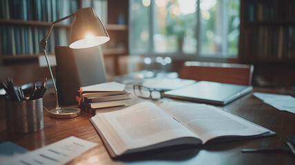 A cozy study space with an open book and warm light in a quiet library during the evening