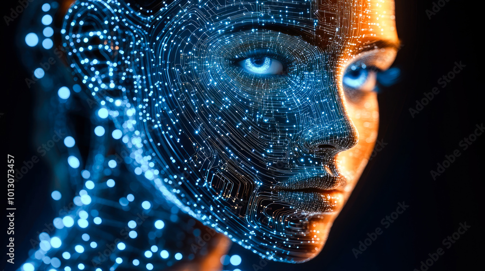Poster a cybernetic face with intricate blue patterns of lights and circuits, showing the harmony between t