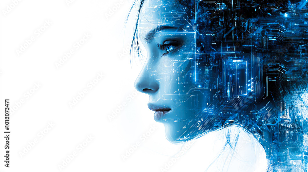 Poster a female profile with blue abstract tech patterns blending into the background, symbolizing futurist