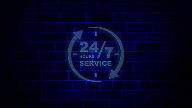 24/7 neon, glowing video animation on brick wall. Your Anytime Support Service for Business, Delivery, and Shopping Needs - Fast Help, Online Contact, and Special Deals Always Available