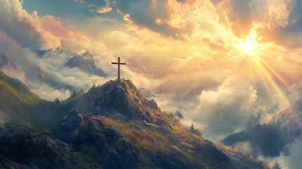 Obraz premium Crucifix at the top of a Mountain with Sunlight Breaking through the Clouds. Inspirational Christian Image. 