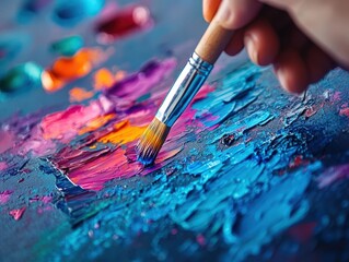 Obraz premium An artistic display where a brush blends various colors including blue and pink on a canvas, representing the creative process and artistic flair vividly.