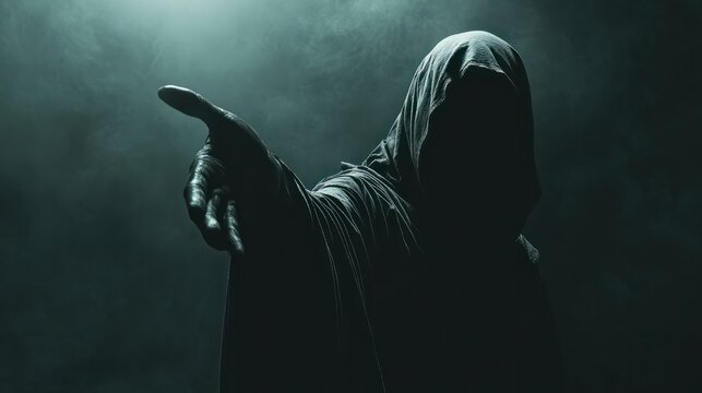 Grim reaper reaching towards the camera over dark background with copy space