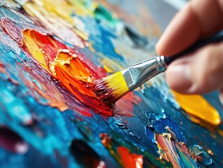 Obraz premium A dynamic image capturing a brush blending fiery orange and red hues on a canvas, embodying energy, creativity, and artistic freedom in vibrant form.