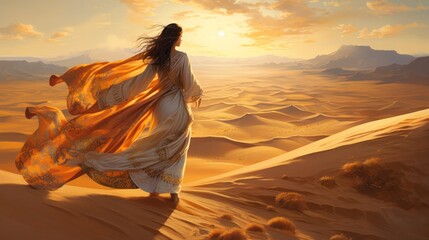 Portrait of a young Arab woman with traditional attire, gazing into the distance on a desert dune,