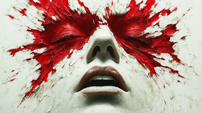 A face appears fragmented with an explosive red pattern, symbolizing intense emotion and dramatic transformation.