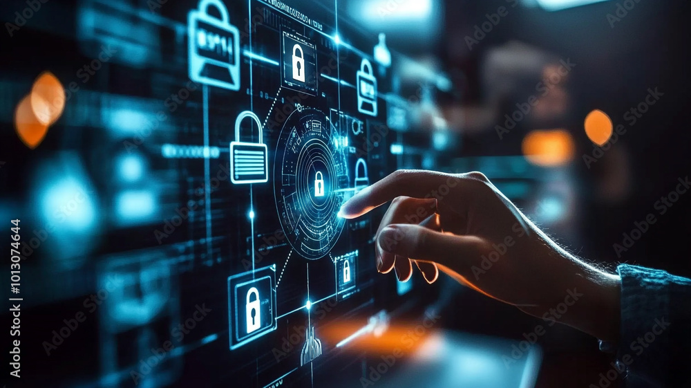 Poster a person interacting with a digital security interface in a modern workspace at night