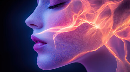 Electric currents traverse a serene face, highlighting the interplay between calmness and powerful energy in digital art.
