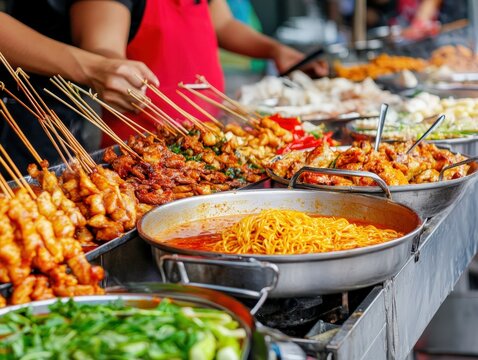 An energetic market vendor offers an array of skewered meats and noodles in vibrant pans, illustrating street dining and the rich flavors of local cuisine.