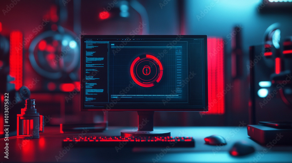 Poster high-tech workspace with red and blue lighting, featuring a modern computer setup at night