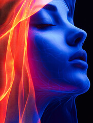 A tranquil face draped in vibrant fiery shades, symbols of inner strength and the serene embrace of technological advances.