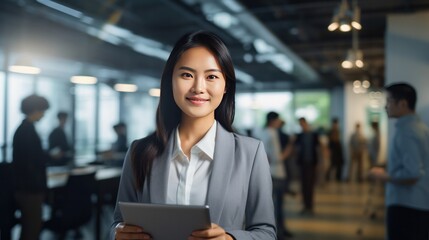 Confident Asian businesswoman smiles proudly, dressed in business attire,
