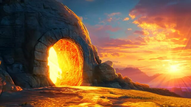 Open empty tomb of Jesus with sunset view