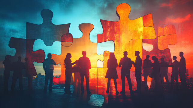 diverse people working together to piece together large puzzle pieces, symbolizing collaboration 