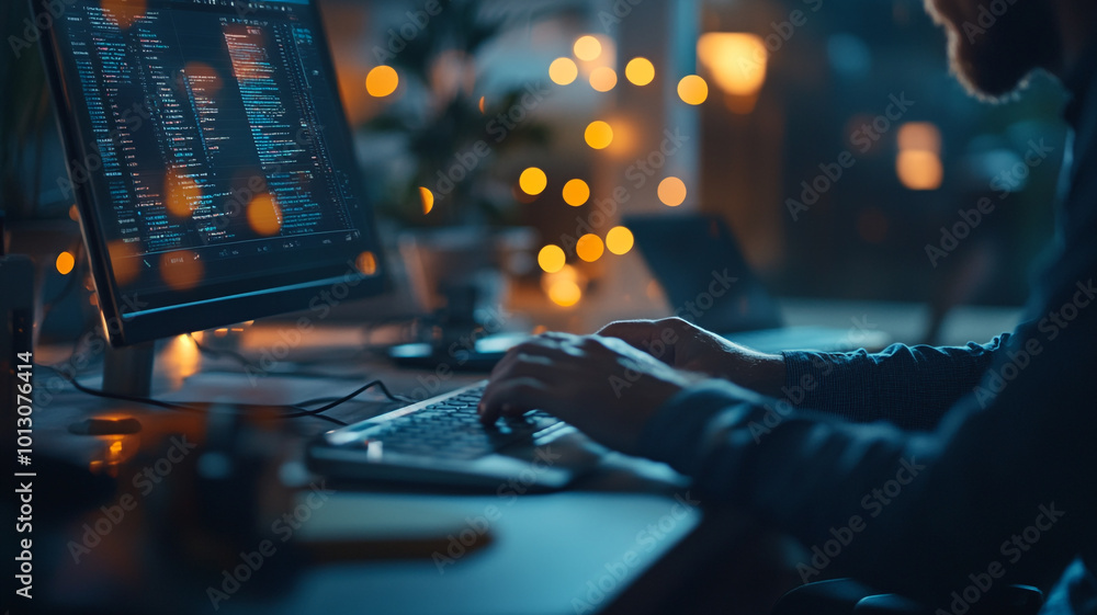 Aufkleber late-night coding session at a home office with warm lighting and computer screen glow