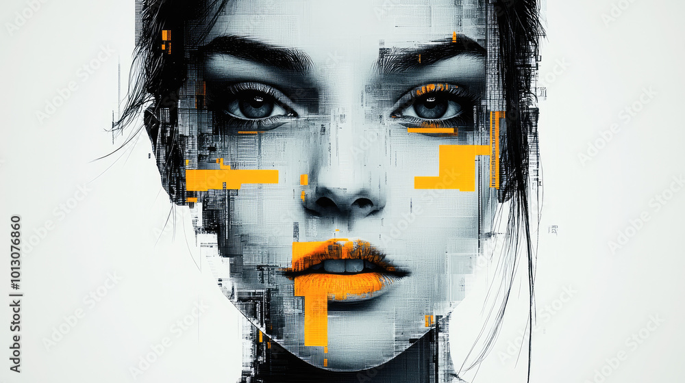 Poster a portrait with sharp geometric cutouts in monochrome, highlighting abstract concepts of identity an