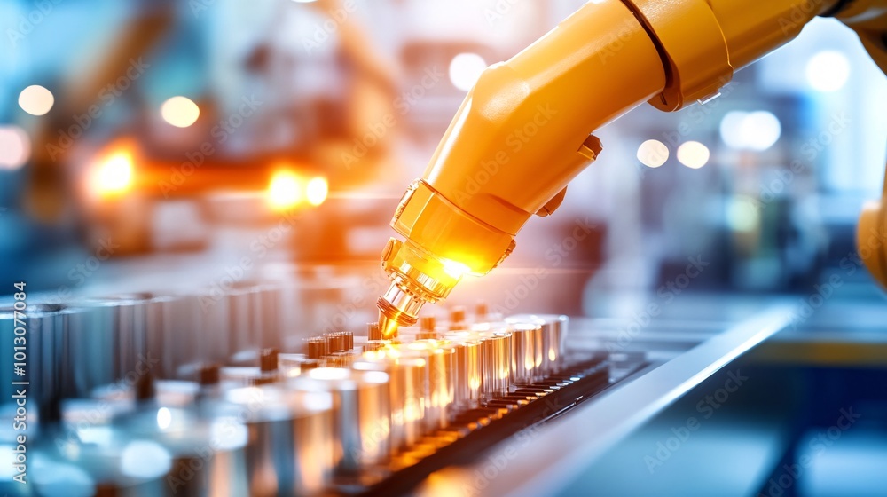 Poster robotic arm assembling products in high-tech factory