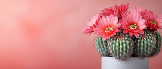 Obraz premium Vibrant pink flowers bloom atop a green cactus in a white pot against a soft peach background.