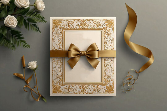 Luxurious gold-framed wedding invitation with ornate details and golden bow representing elegance and celebration