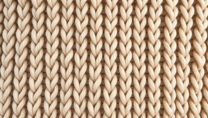 Close-up of knitted texture in light beige with smooth finish, coarse wool texture