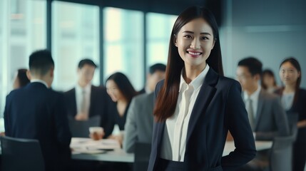 Confident Asian businesswoman smiles proudly, dressed in business attire,