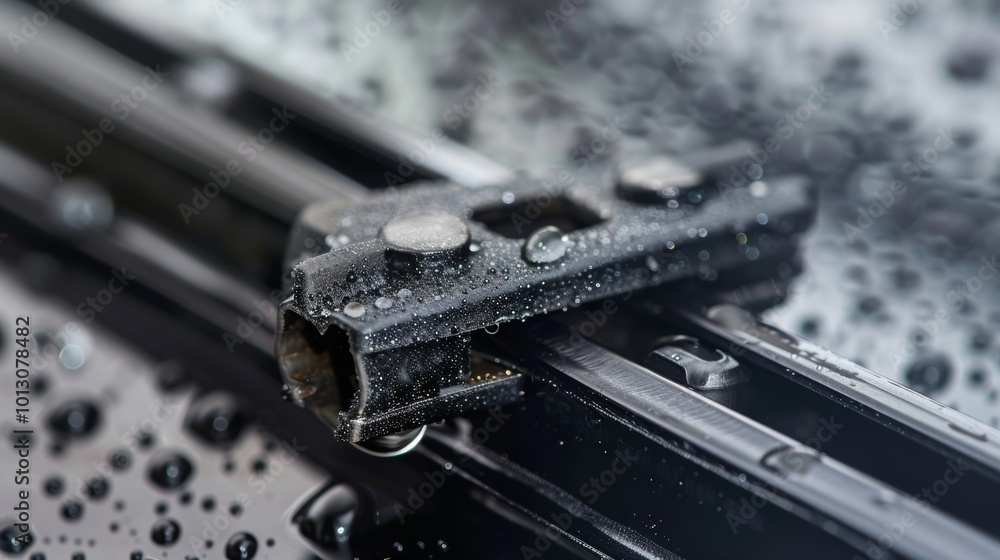 Poster a detailed view of a windshield wiper blade connector which attaches the blade to the wiper arm and 