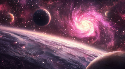 stunning galaxy cloud nebula in shades of pink with planets