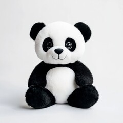 A black and white panda plush toy with big eyes and a smile, sitting against a white background.