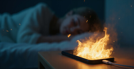 A phone on fire while charging next to a sleeping person. This image highlights the dangers of overheating devices and electrical hazards, focusing on battery failures and charging safety concerns at 