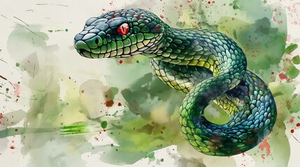 Fototapeta premium Watercolor green snake zodiac symbol 2025 year celebrating the Lunar Chinese New Year illustration