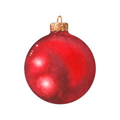 Glass round red ball. Hand drawn watercolor illustration of decorative twinkle Christmas tree toy on isolated background. Holiday decor for New Year party, invitations, cards, sticker, social media.