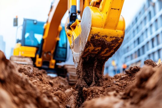 A powerful excavator digs into the earth at a construction site, showcasing the machinery's strength and precision, essential for urban development and progress.