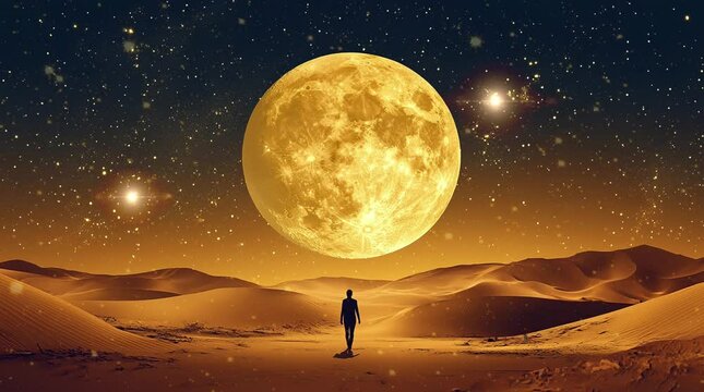 silhouette of a person walking in the desert and enjoying the beauty of the full moon. Virtual 4K video animation background with looping time lapse with very smooth graphics.