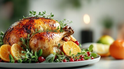 Thanksgiving whole chicken, wide-angle view with clean background, plated with herbs and citrus, bright white space, room for text.