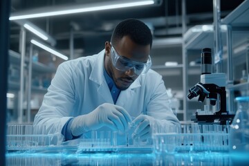 A scientist dressed in a lab coat and protective eyewear focuses intently on manipulating test tubes filled with samples in the lab. Generative AI