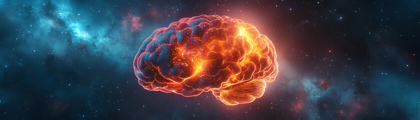 Fototapeta premium A glowing, multicolored nebula in the shape of a human brain, symbolizing the vastness of human imagination