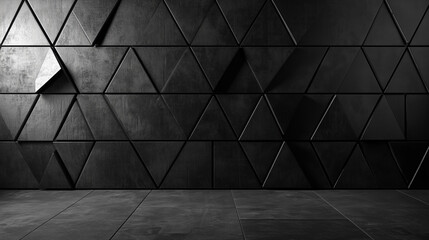 Polished, Semigloss Wall background with tiles. Triangular, tile Wallpaper with 3D, Black blocks. 3D Render
