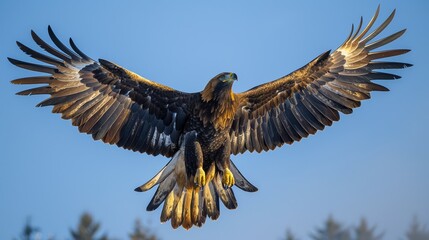 Obraz premium An eagle in full flight, with wings spread wide, glides over a mountainous landscape. The scene captures the bird's elegance and strength, symbolizing freedom and natural beauty.