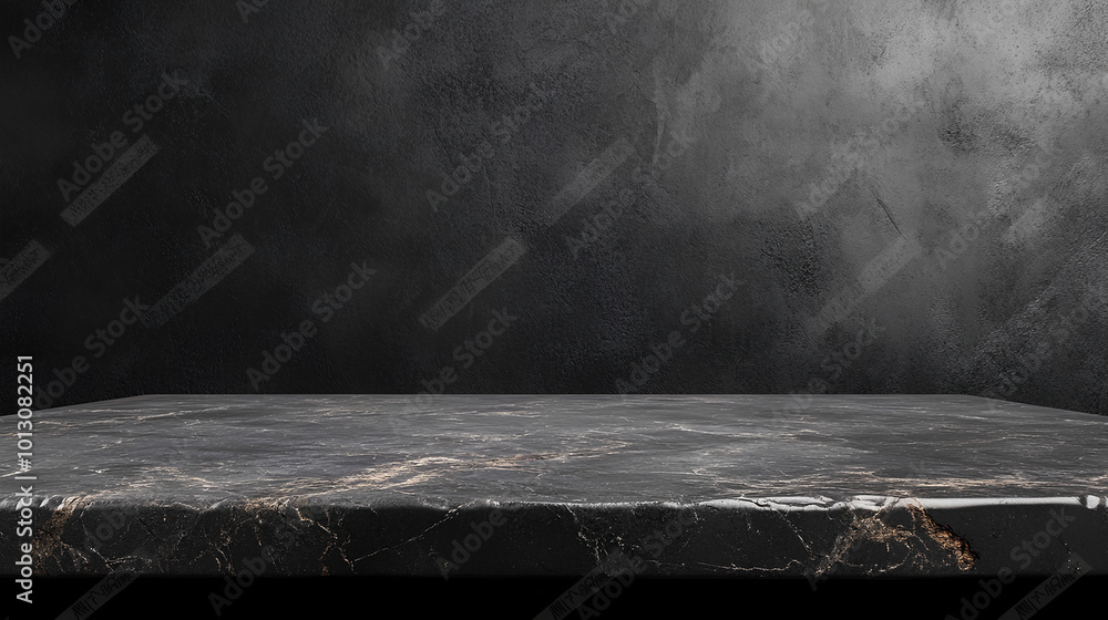 Poster empty grey marble tabletop with dark black cement stone background for product displayed in rustic m