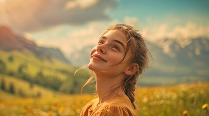 A teen girl with angel wings and a flower crown stands in a garden bathed in gentle sunlight, the green and gold tones enhancing the peaceful, innocent atmosphere.