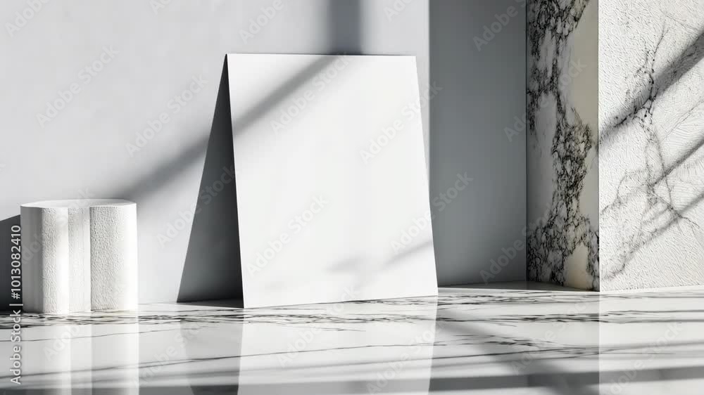 Poster a blank canvas stands on a marble surface with shadows from a window