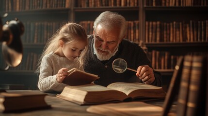 Grandfather and granddaughter read books in a library.