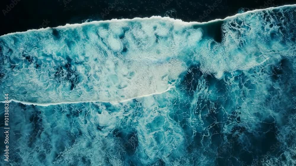Poster an aerial view of crashing waves in the ocean, creating a beautiful abstract pattern