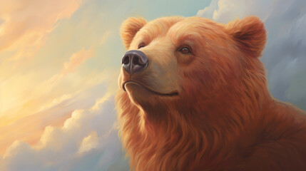 An awe-inspiring digital painting of a courage bear gazing skyward, with its face illuminated by the warm light of a sunset.